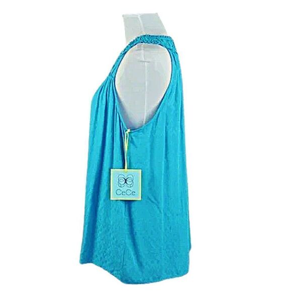 CeCe Top Sleeveless Tank Ruffled Round Neckline Keyhole Closure Blue Size Lg - Picture 5 of 8